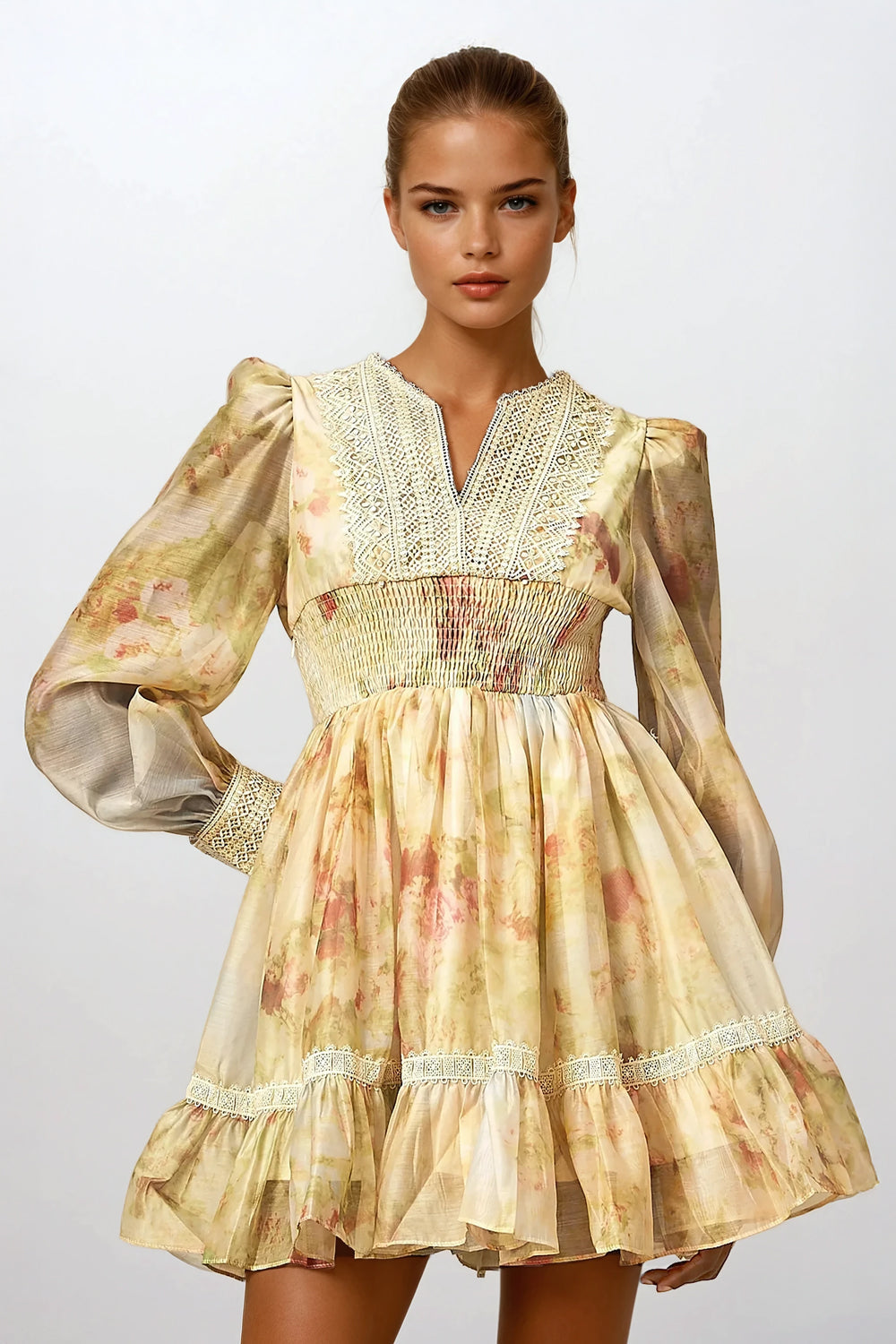 V-Neckline Ruffled Mini Dress - Yellow