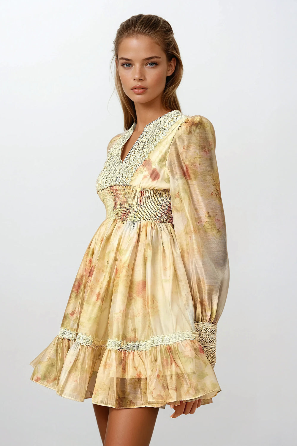 V-Neckline Ruffled Mini Dress - Yellow