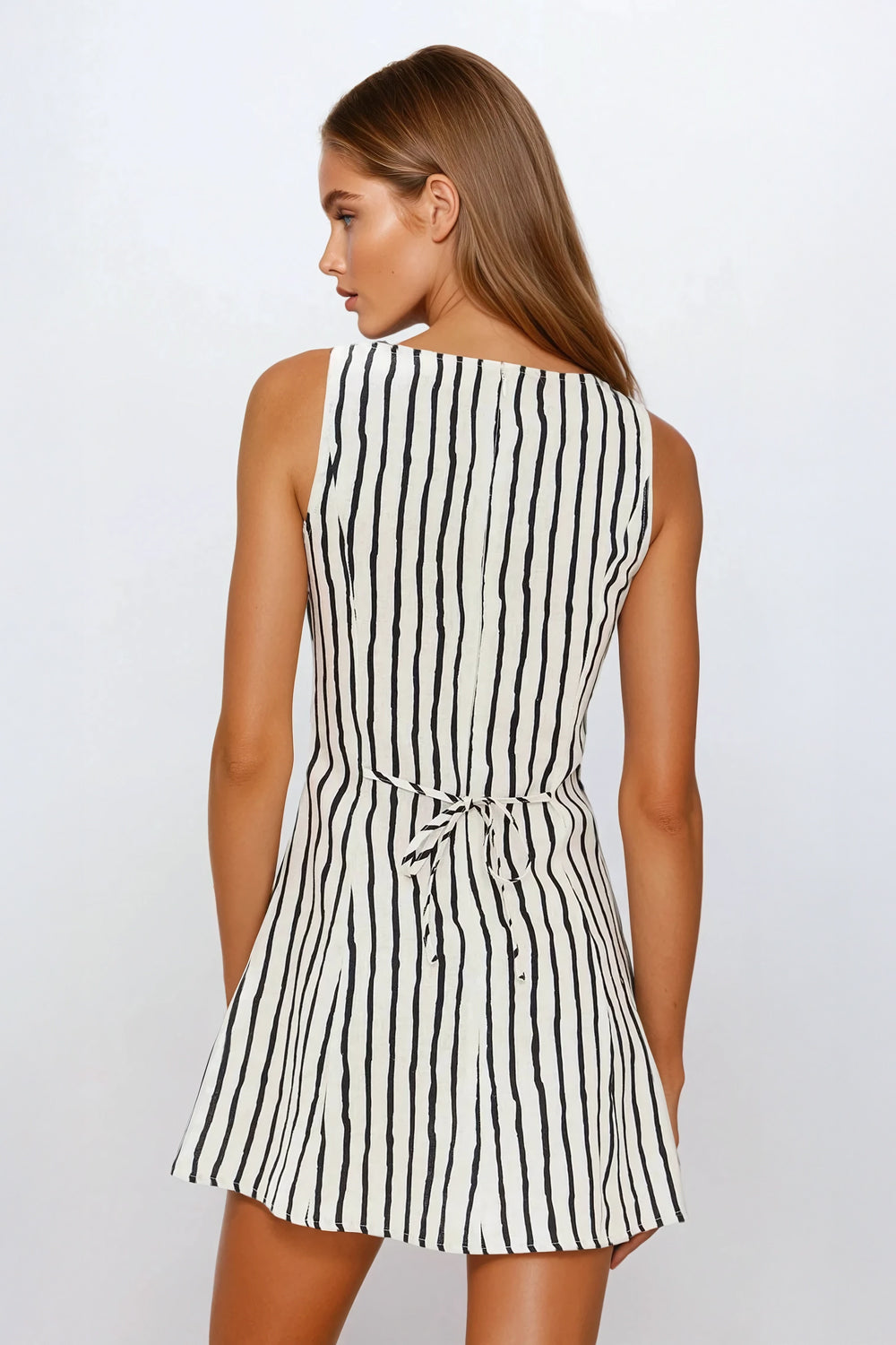 Striped Sleeveless Mini Dress - White
