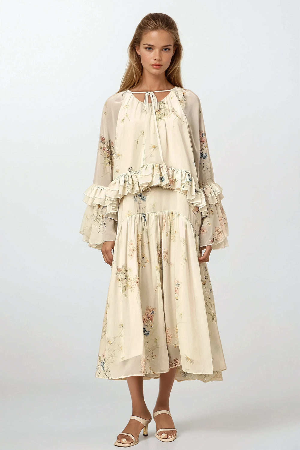 Sleeveless Maxi Dress and Ruffled Longsleeves Top - White