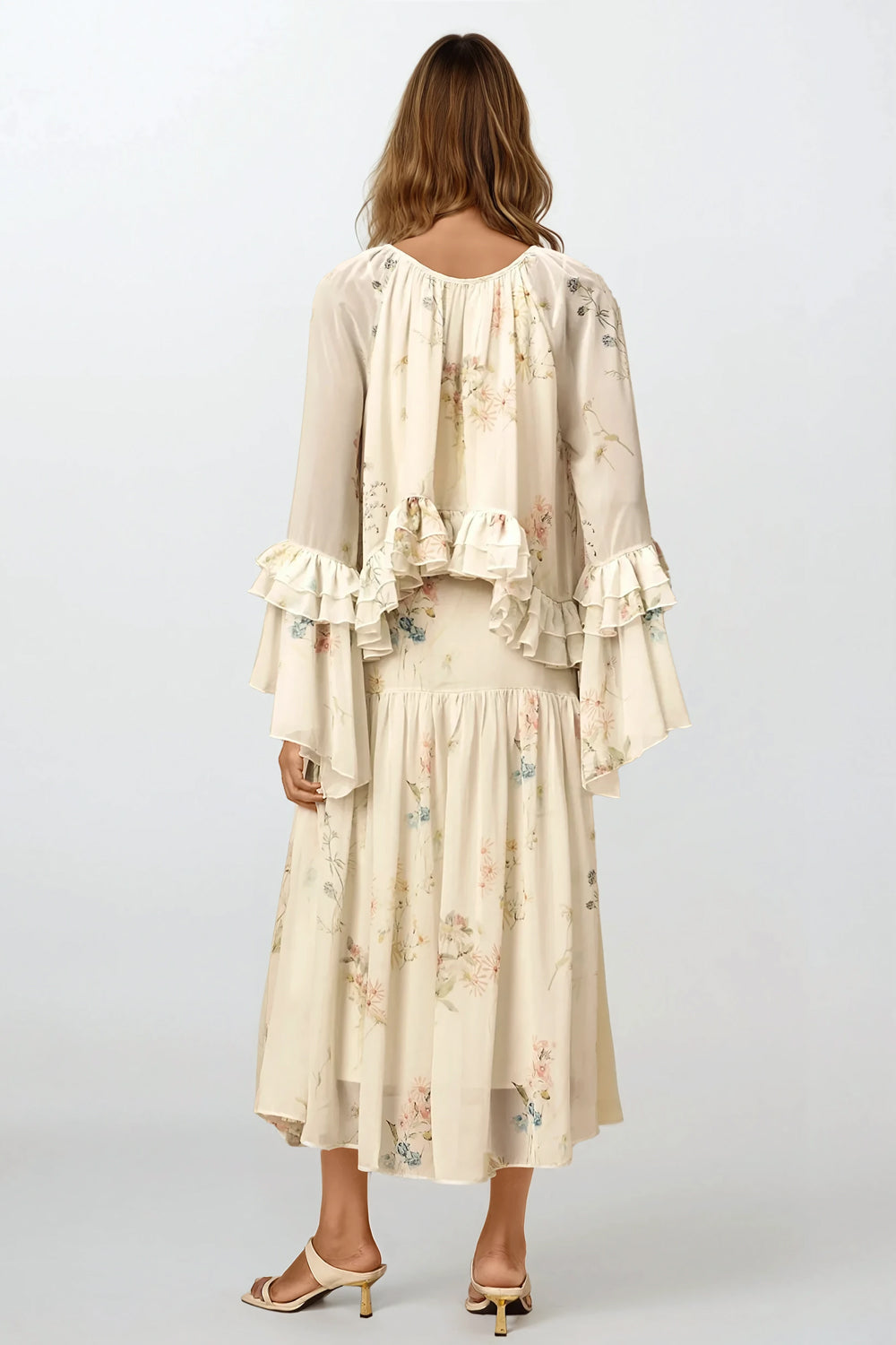 Sleeveless Maxi Dress and Ruffled Longsleeves Top - White