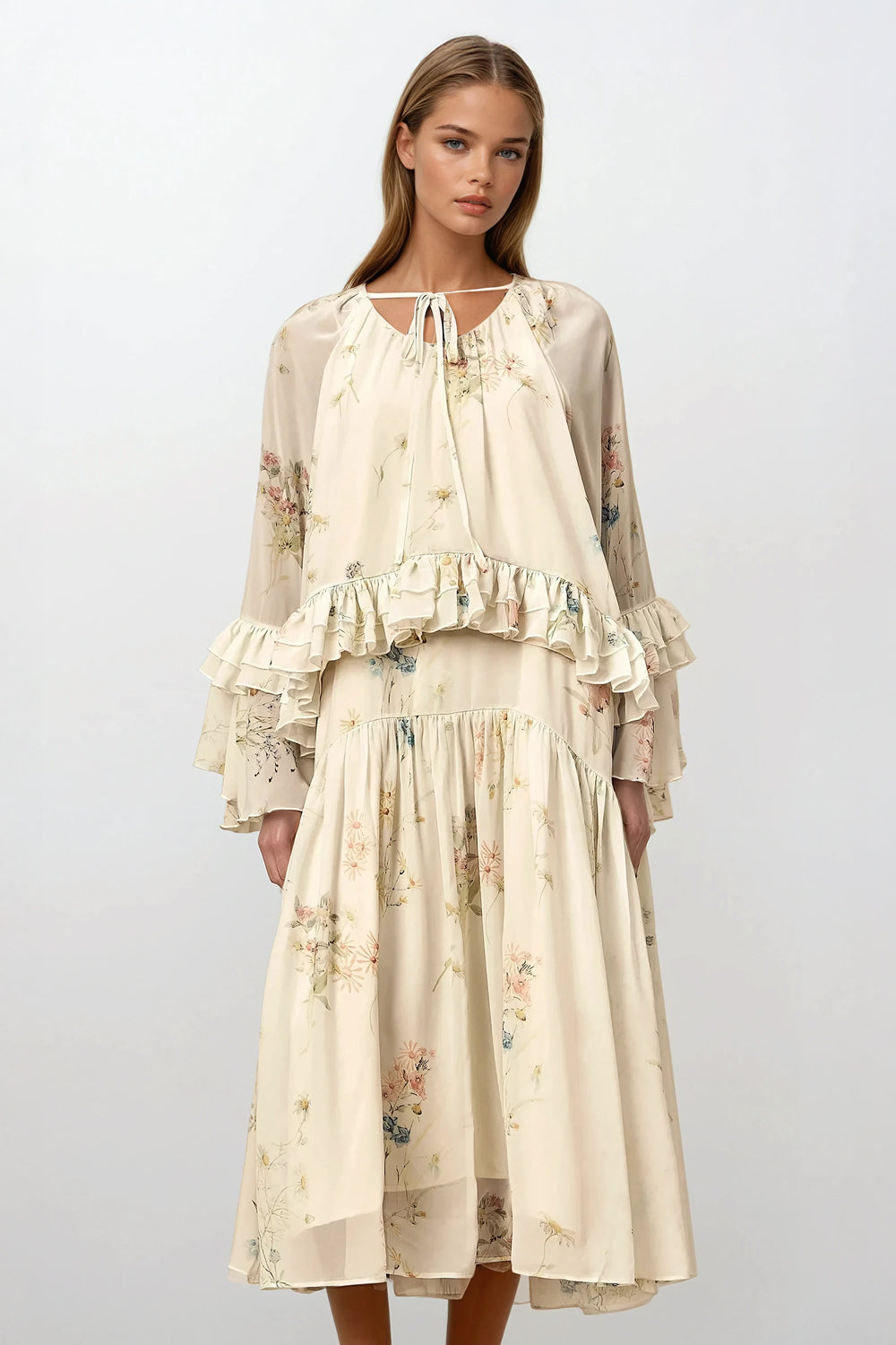 Sleeveless Maxi Dress and Ruffled Longsleeves Top - White