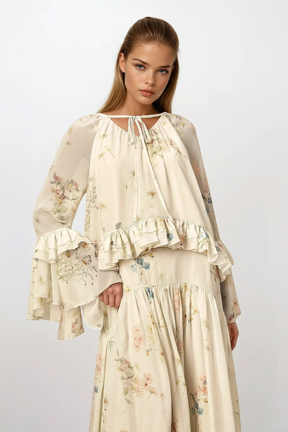 Sleeveless Maxi Dress and Ruffled Longsleeves Top - White