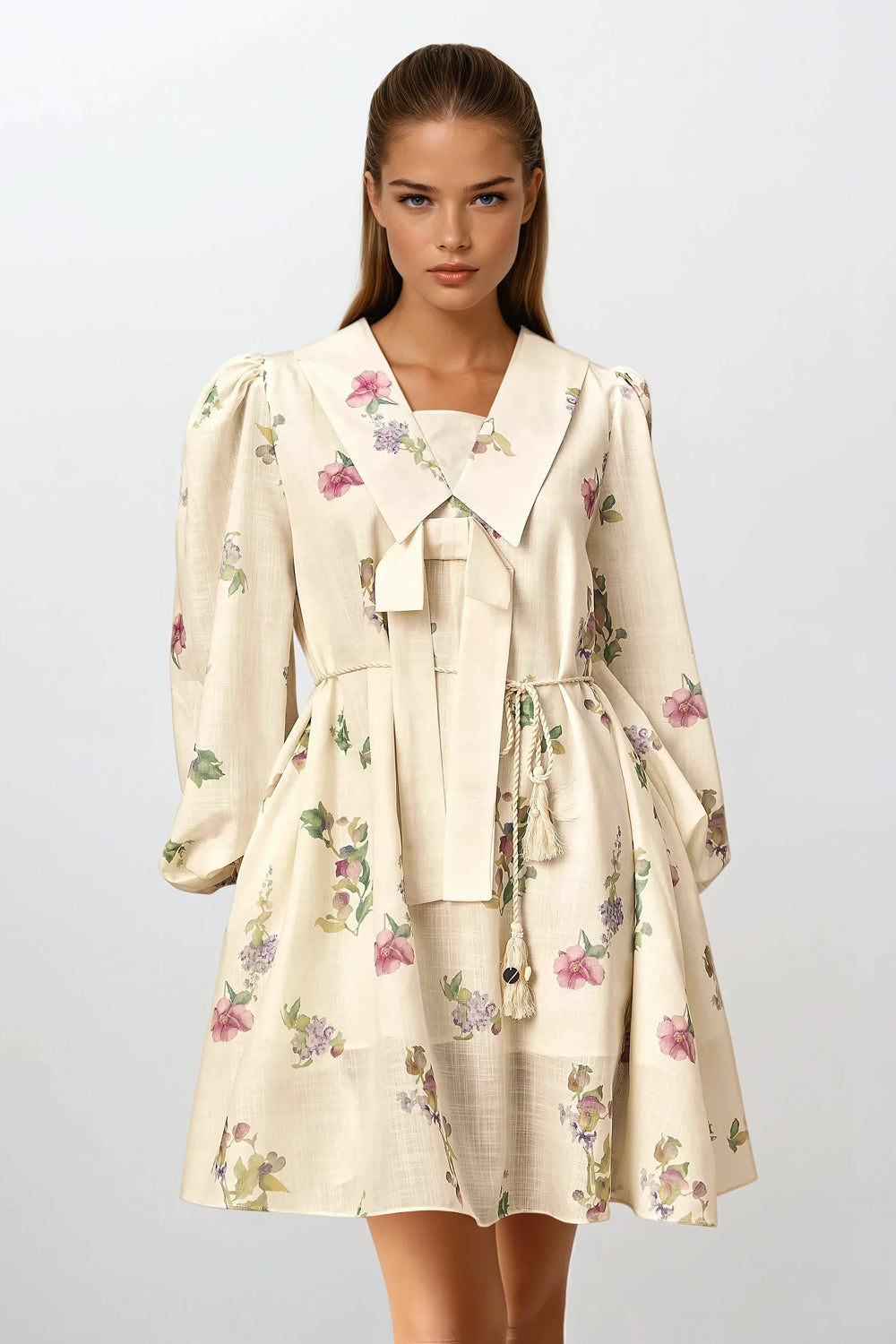 Collared Longsleeves Mini Dress with Floral Pattern - Beige