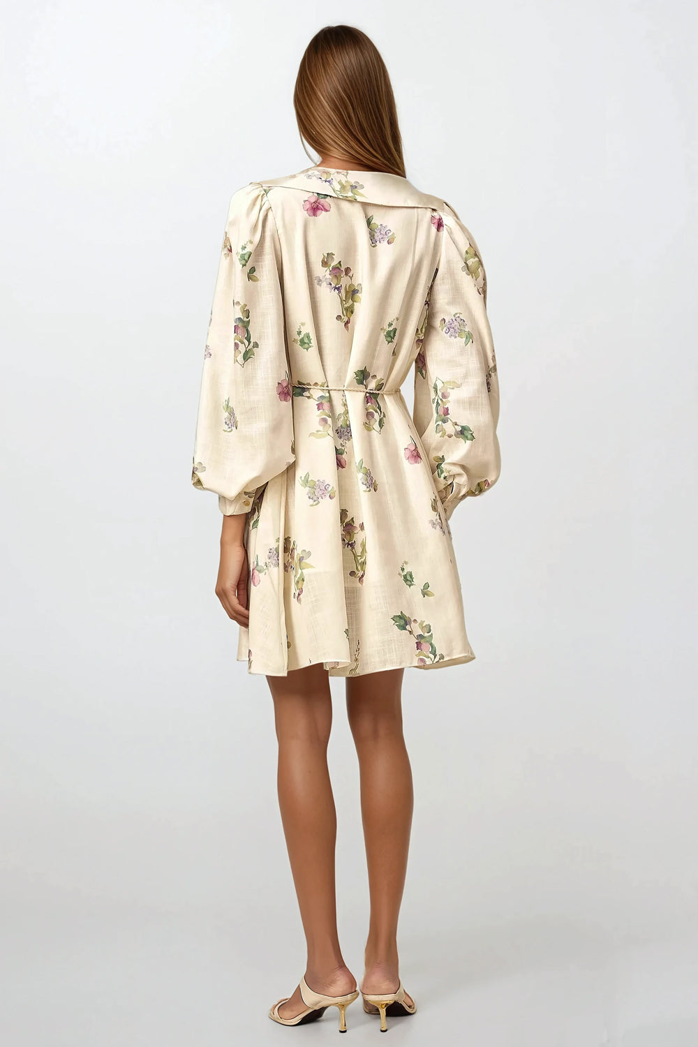 Collared Longsleeves Mini Dress with Floral Pattern - Beige