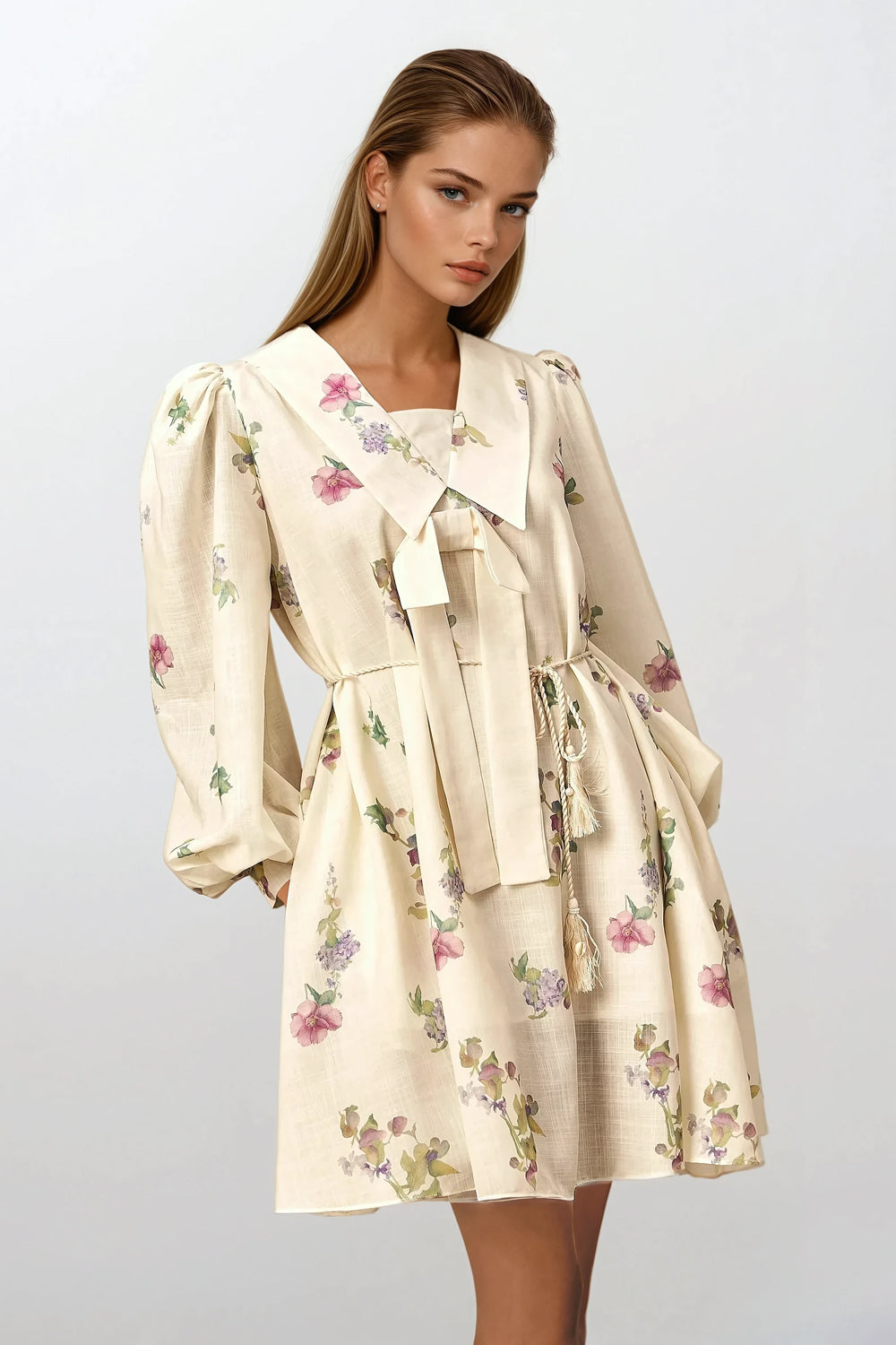 Collared Longsleeves Mini Dress with Floral Pattern - Beige