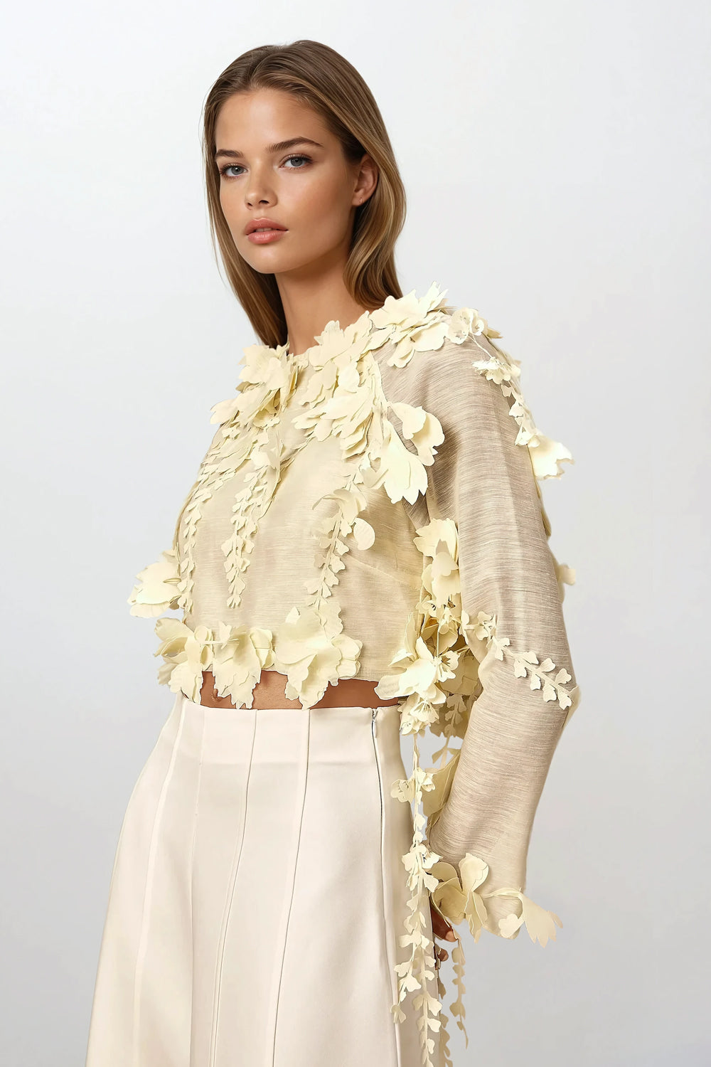 Cropped Long Sleeve Top with 3D Floral Accents - Beige