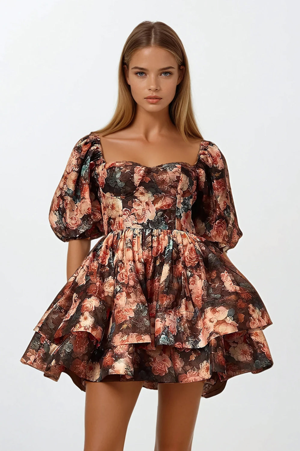 Mini Dress with Puff Sleeves and Layered Ruffle Skirt - Black