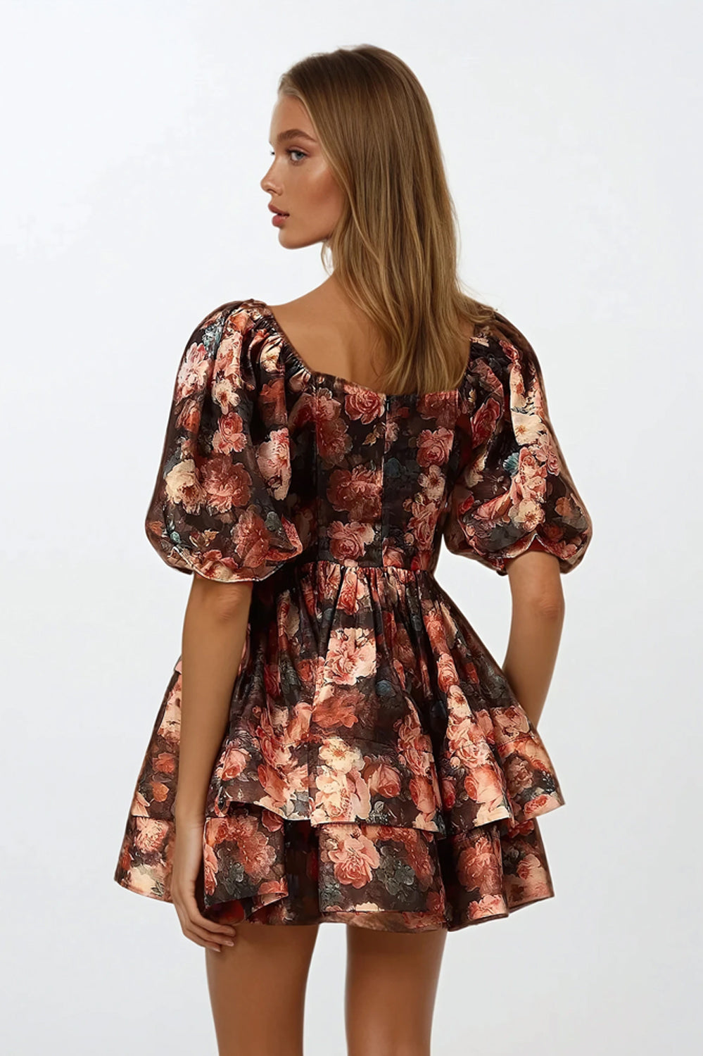 Mini Dress with Puff Sleeves and Layered Ruffle Skirt - Black