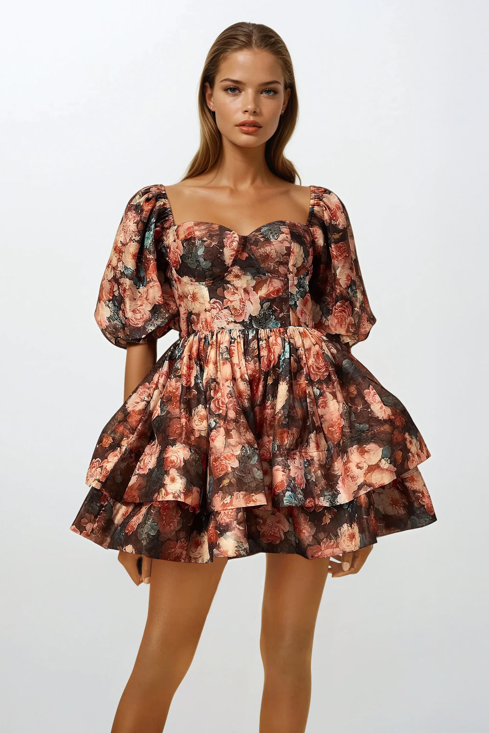 Mini Dress with Puff Sleeves and Layered Ruffle Skirt - Black