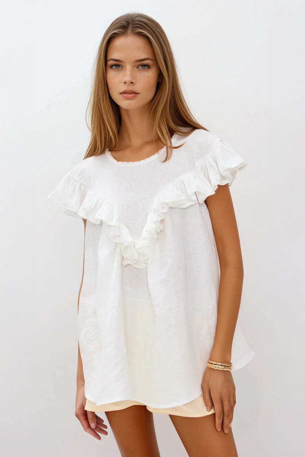 Ruffled Detail Loose Fit Top - White