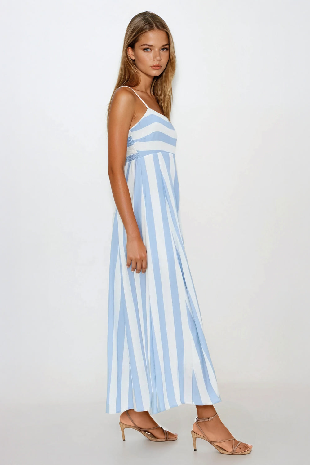 Striped Spaghetti Strap Maxi Dress - Blue