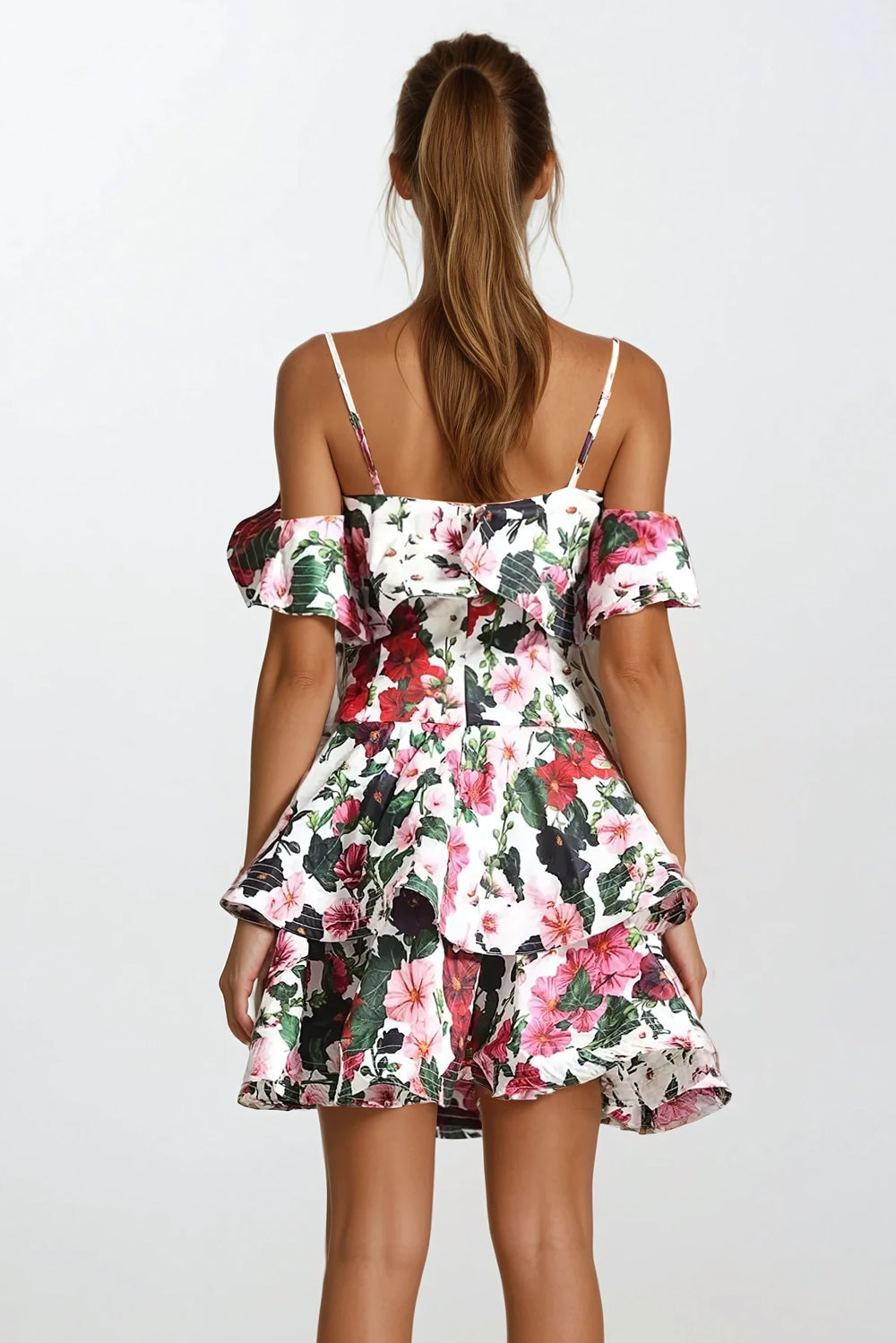 Mini Dress with Off-Shoulder Ruffle Sleeves and Floral Skirt Layers - White