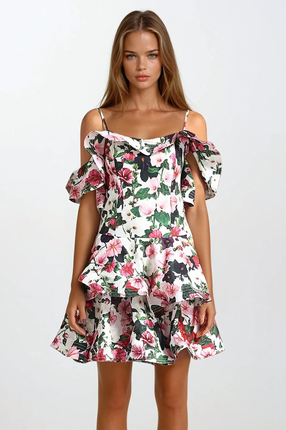 Mini Dress with Off-Shoulder Ruffle Sleeves and Floral Skirt Layers - White