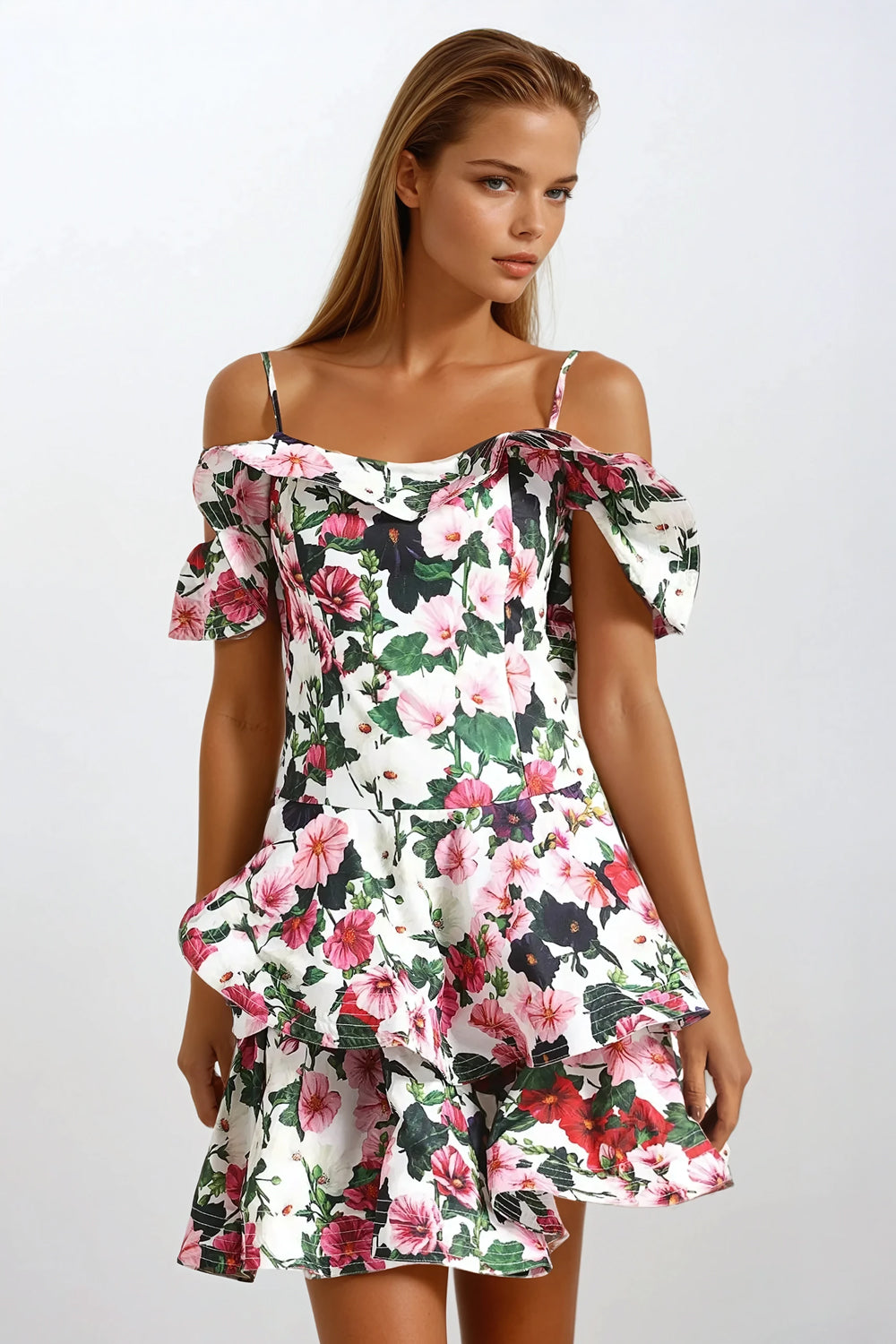 Mini Dress with Off-Shoulder Ruffle Sleeves and Floral Skirt Layers - White