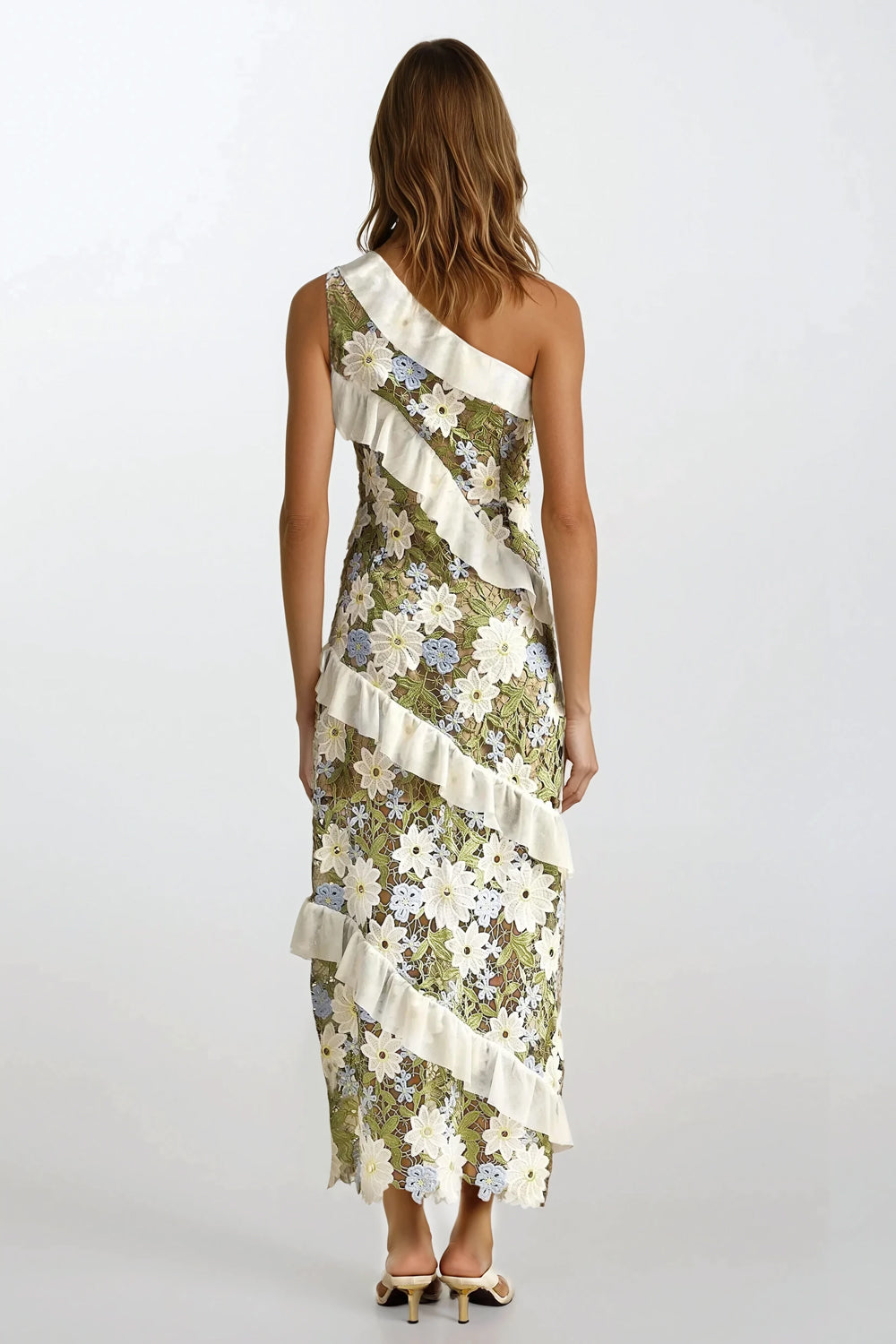 Asymmetrical Floral Lace Maxi Dress - Green
