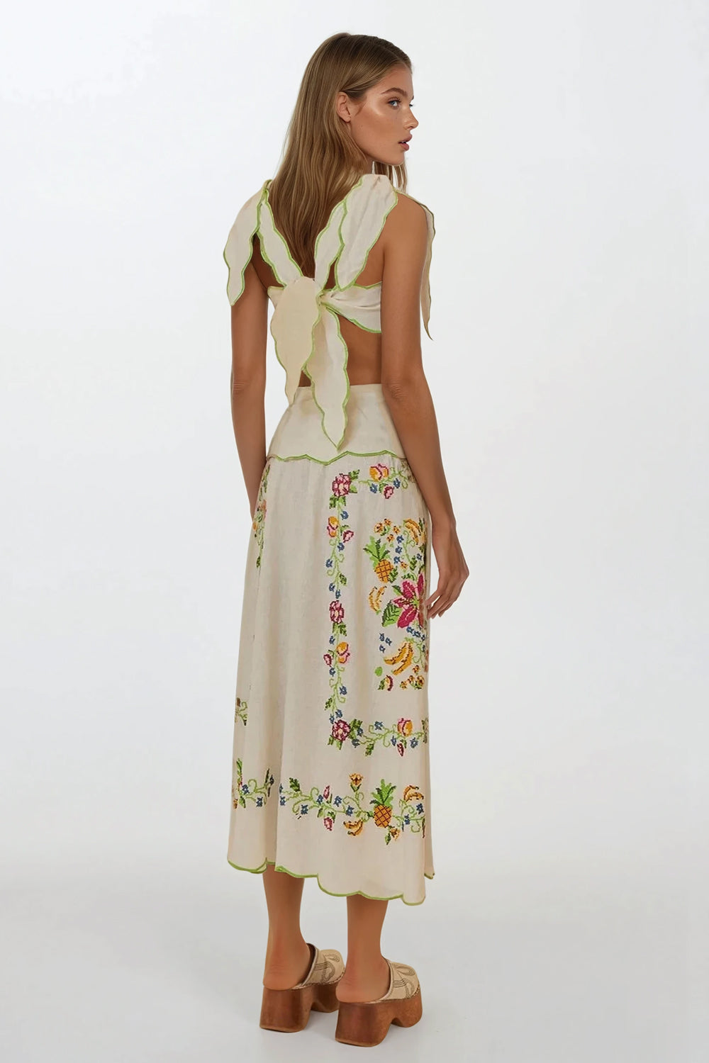 Two-Piece Set with Scalloped Top and Embroidered Midi Skirt - White