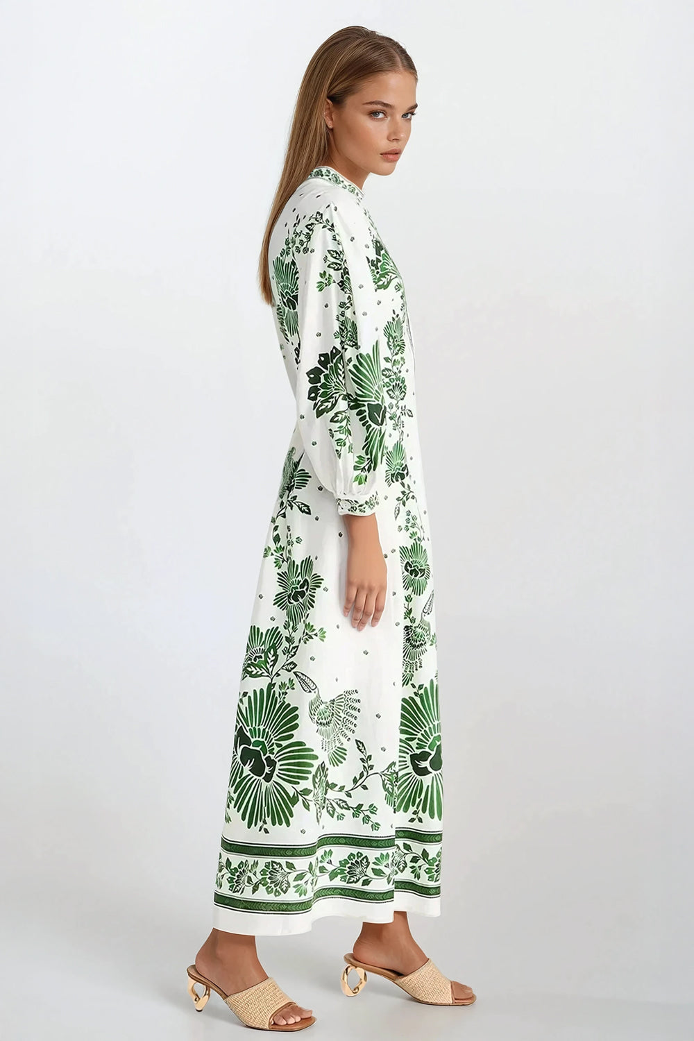 Maxi Dress with Floral Print and Long Puff Sleeves - Green