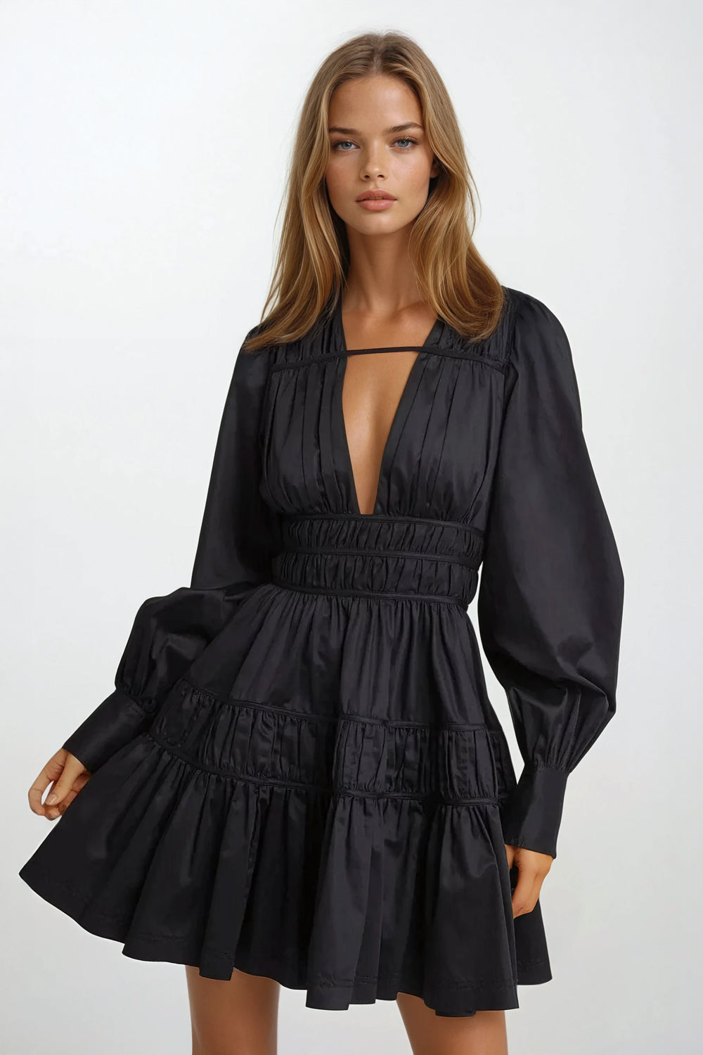 Long Sleeve Tiered Mini Dress with Plunge Neckline - Black