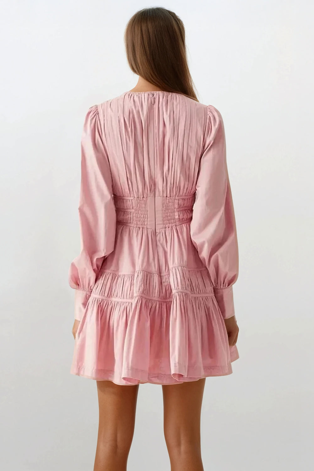 Long Sleeve Tiered Mini Dress with Plunge Neckline - Pink