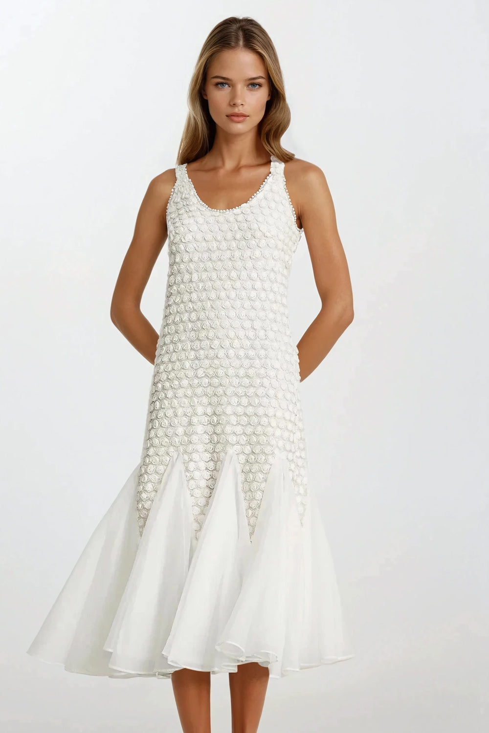 Sleeveless Midi Dress with Textured Bodice and Sheer Flared Hem - White