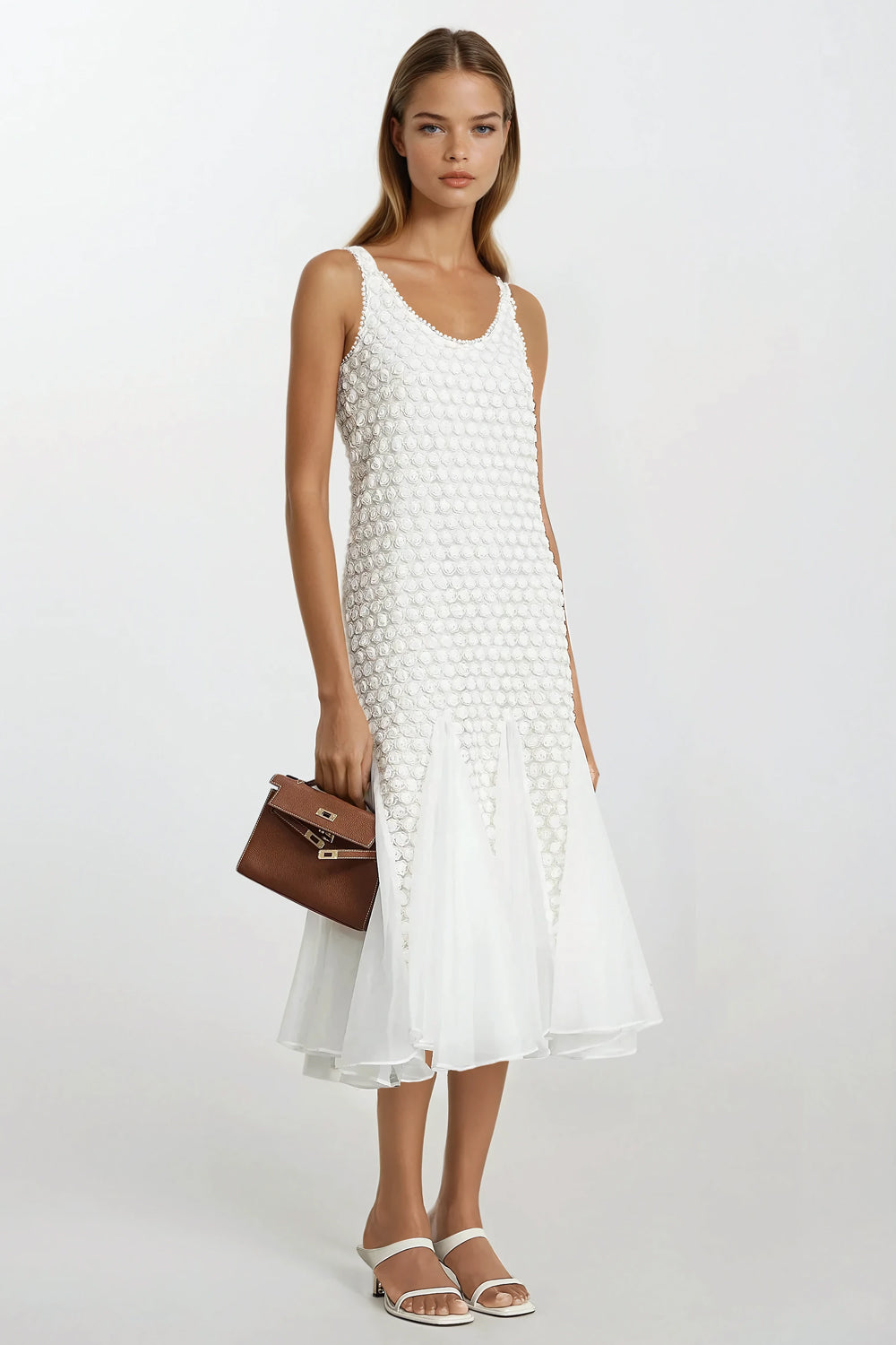 Sleeveless Midi Dress with Textured Bodice and Sheer Flared Hem - White