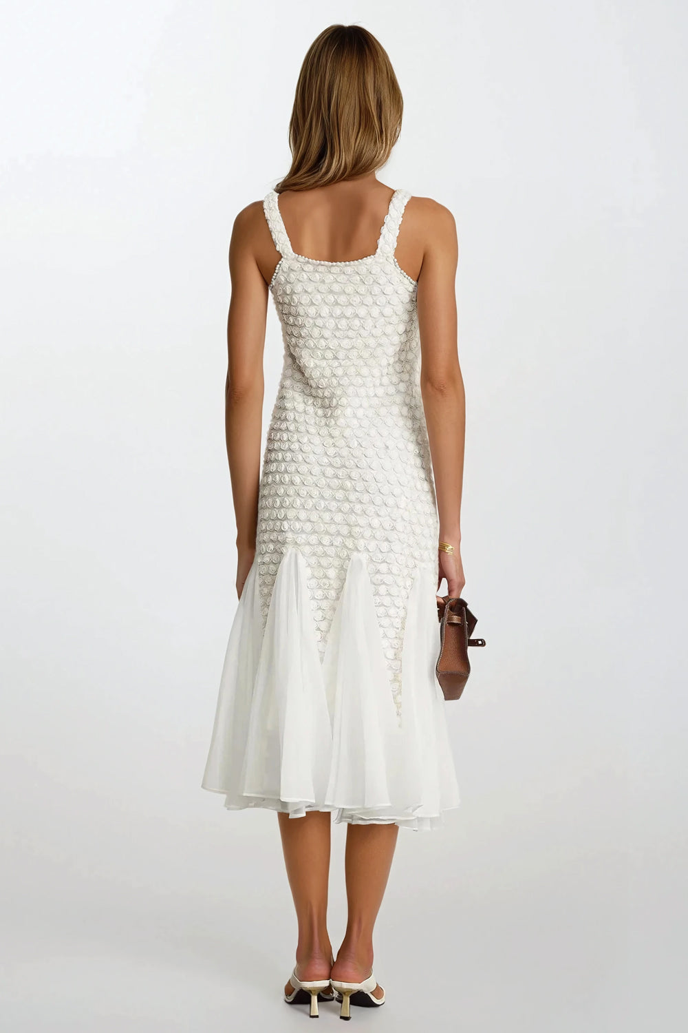 Sleeveless Midi Dress with Textured Bodice and Sheer Flared Hem - White