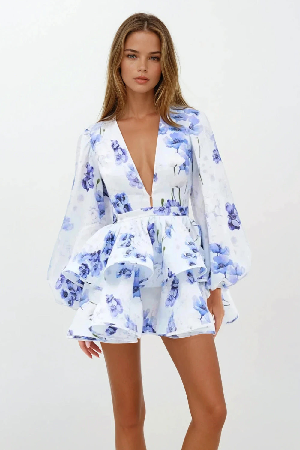 Long Sleeve Floral Mini Dress with Layered Skirt - Blue