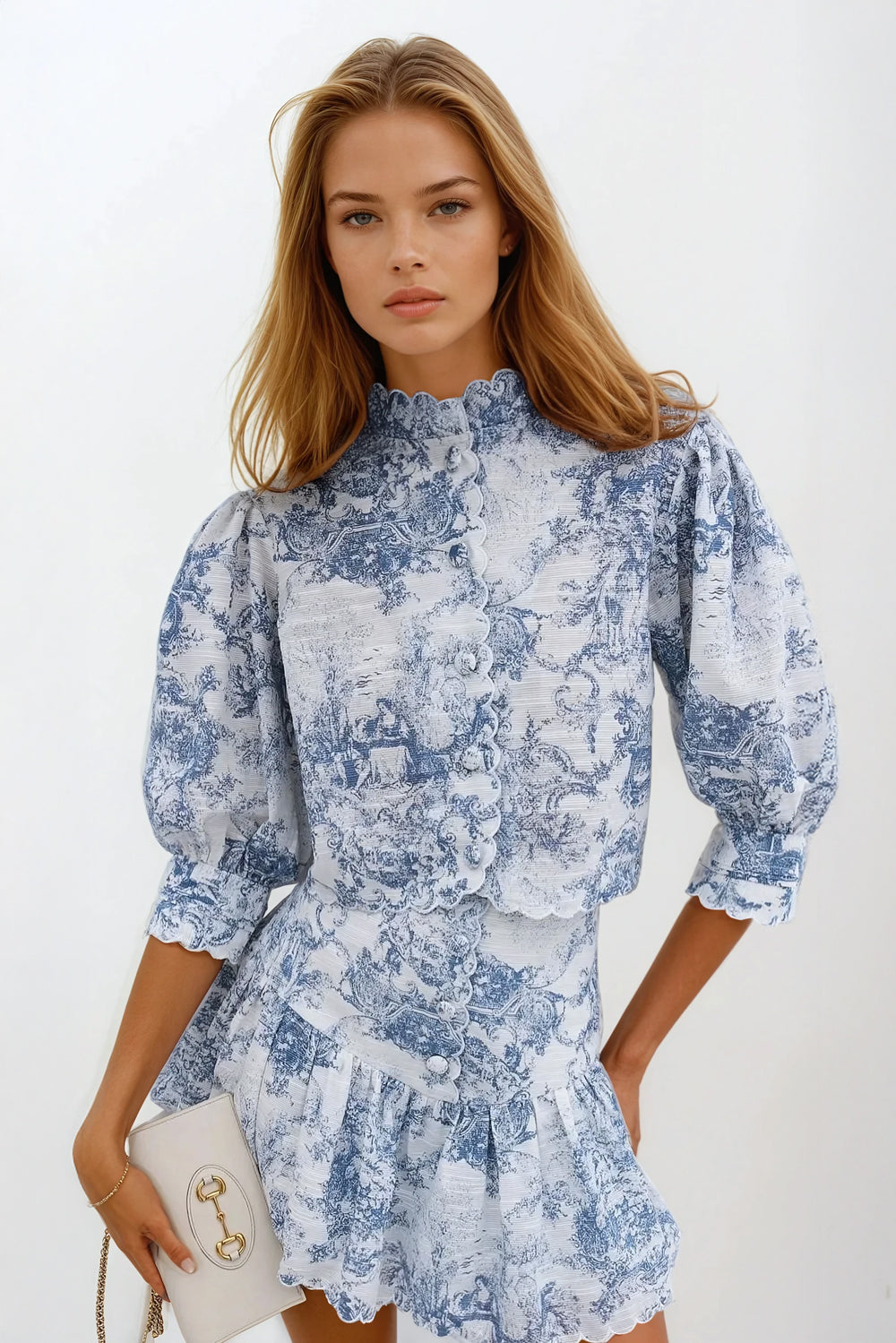 Two-Piece Set with Button-Up Top and Ruffled Mini Skirt - Blue