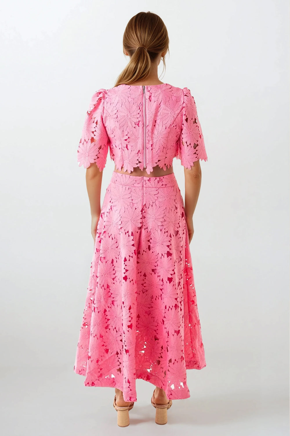 Two-Piece Set with Short Sleeve Top and Cutout Midi Skirt - Pink