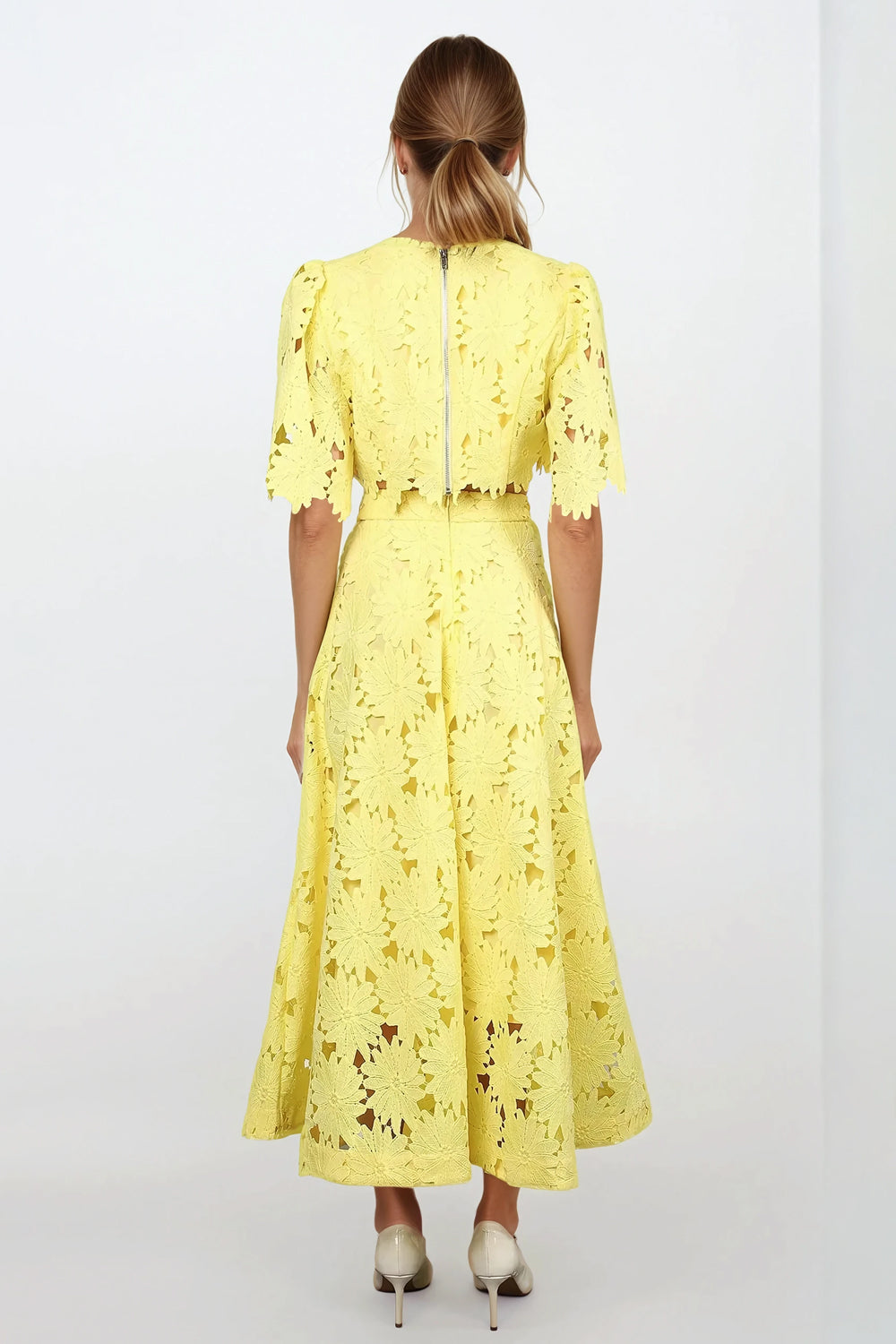 Two-Piece Set with Short Sleeve Top and Cutout Midi Skirt - Yellow