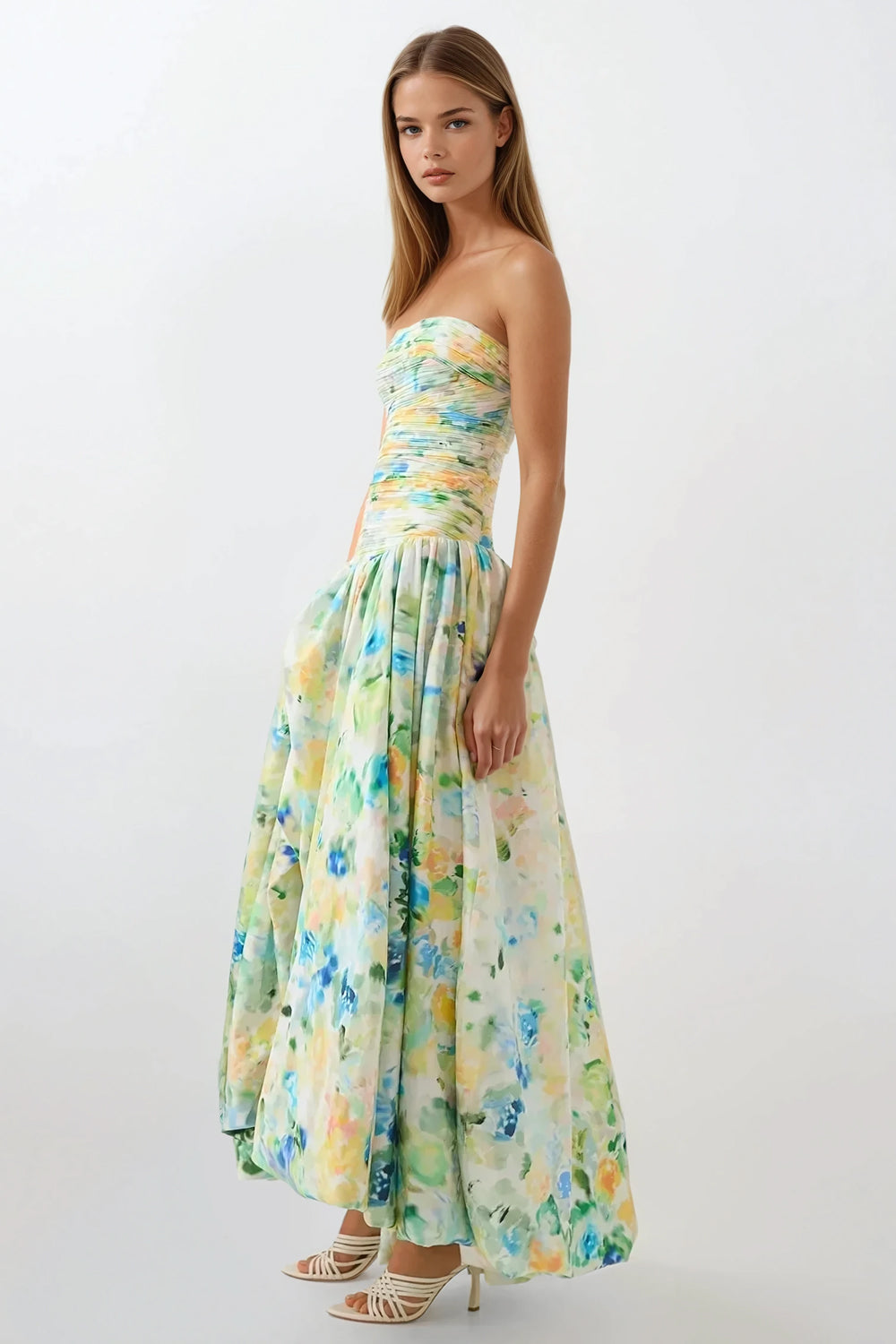 Strapless Printed Balloon Skirt Maxi Dress - Green