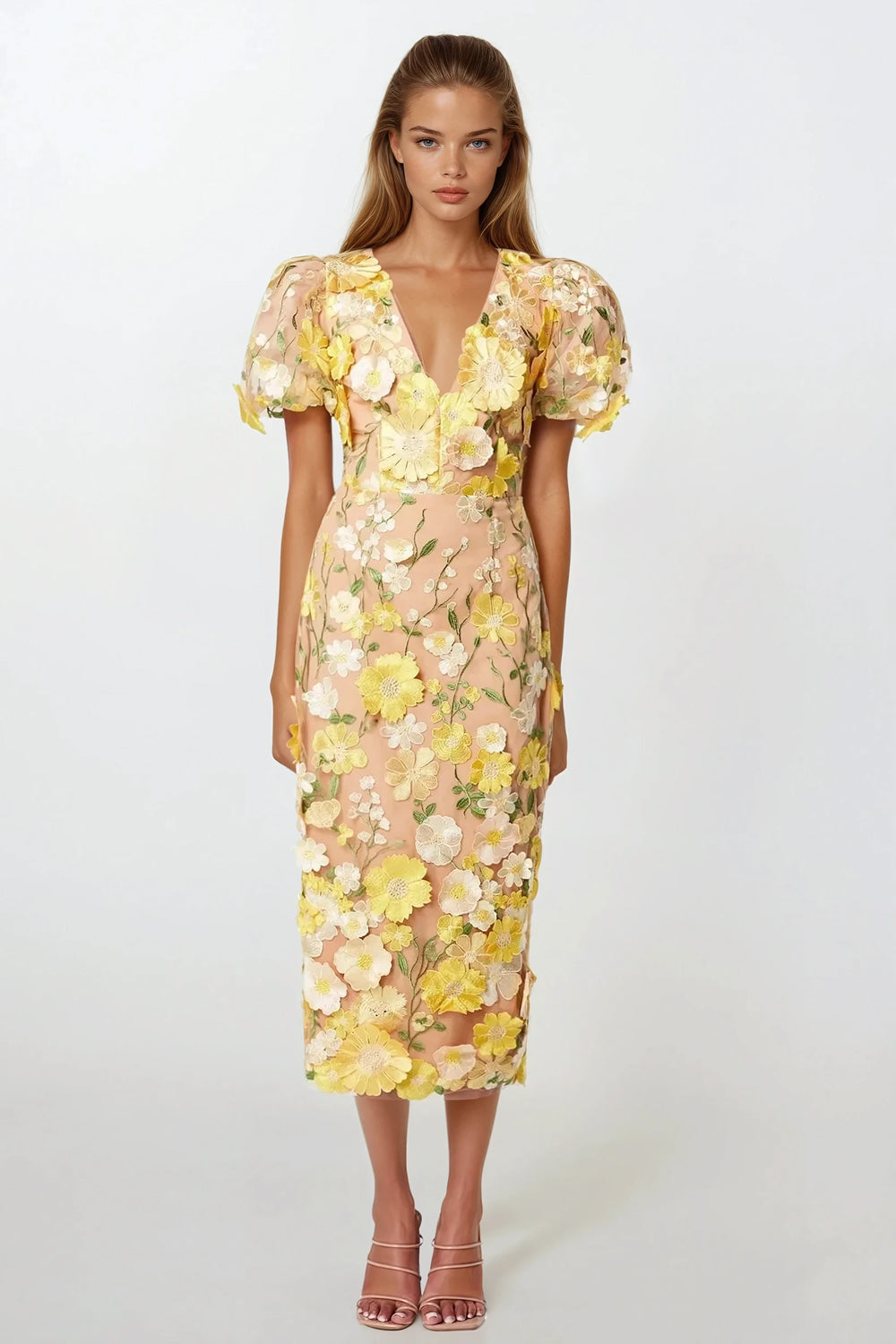 Midi Dress with Puff Sleeves and 3D Floral Detailing - Yellow