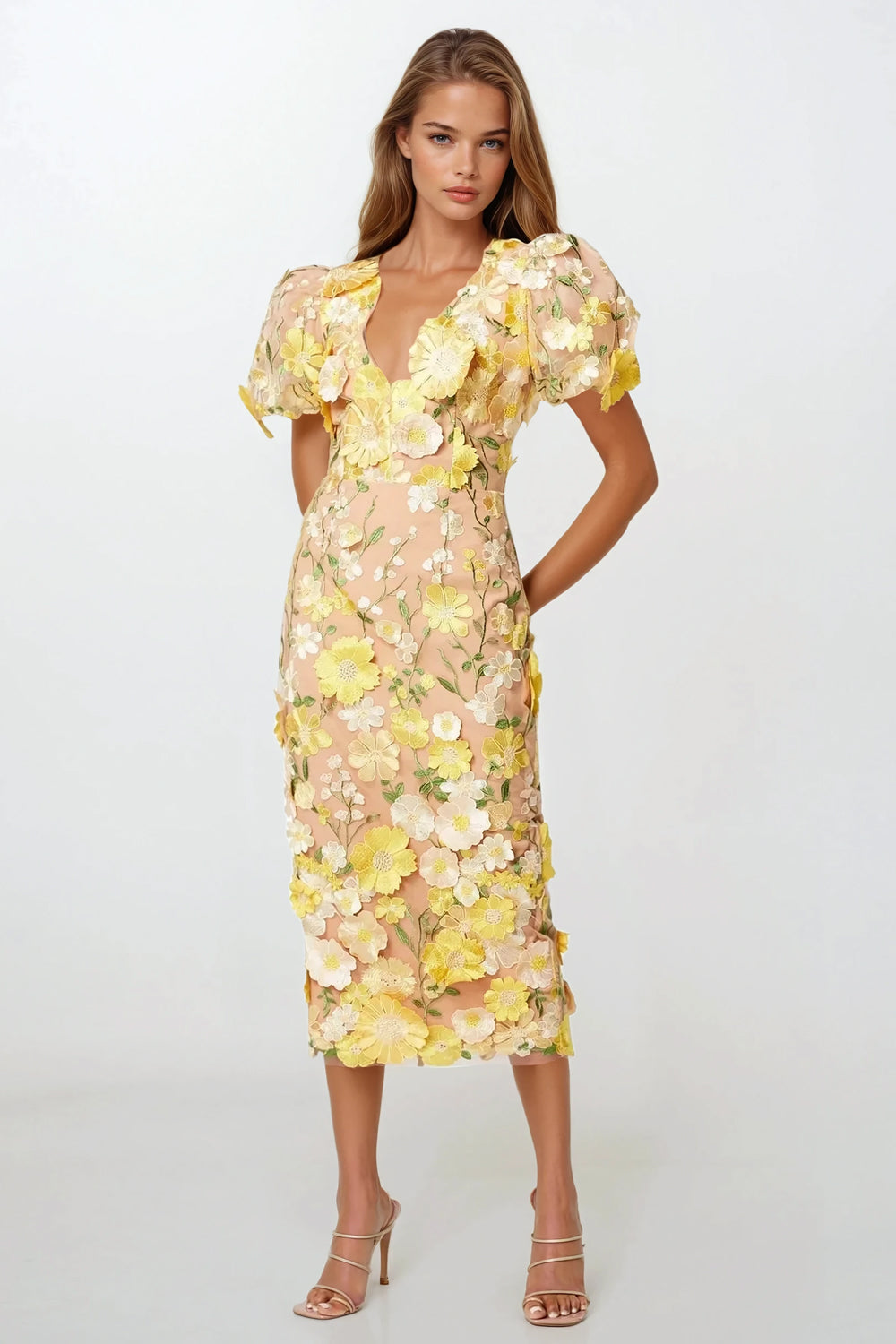 Midi Dress with Puff Sleeves and 3D Floral Detailing - Yellow
