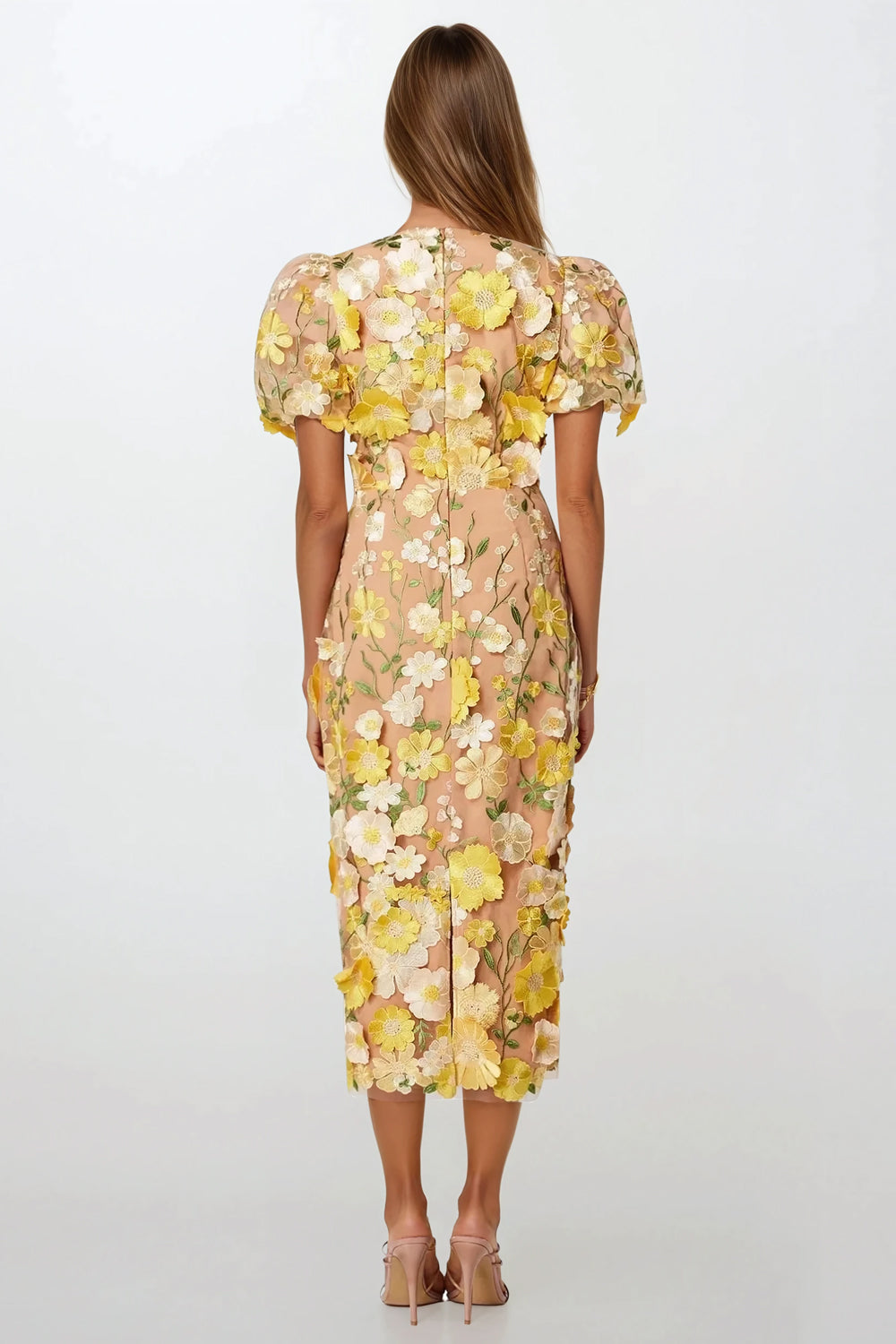 Midi Dress with Puff Sleeves and 3D Floral Detailing - Yellow