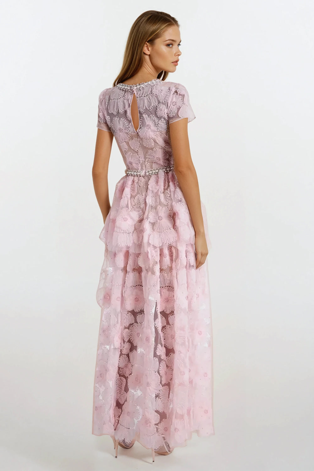 Maxi Dress with Short Sleeves and Layered Sheer Skirt - Pink