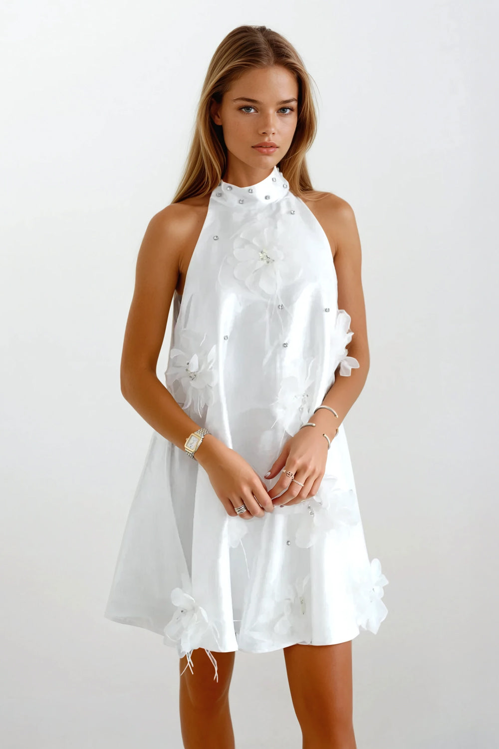 Sleeveless A-Line Mini Dress with 3D Floral and Pearl Accents - White