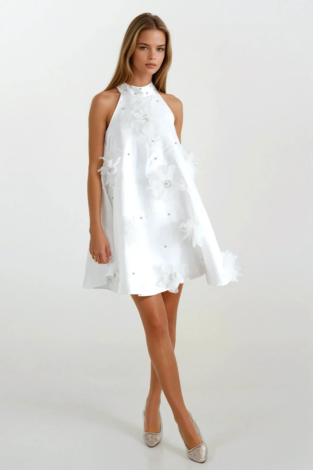 Sleeveless A-Line Mini Dress with 3D Floral and Pearl Accents - White