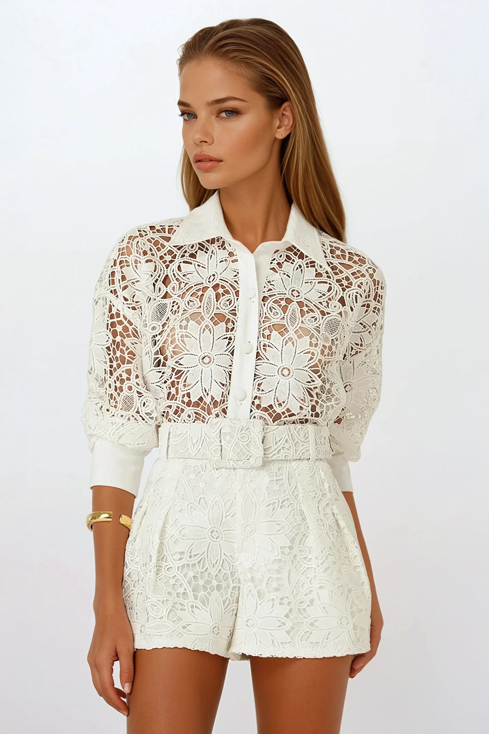 Two-Piece Set with Lace Button-Up Top and Belted Shorts - White