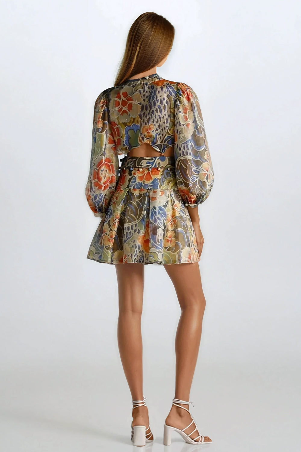 Plunge Neck Printed Mini Dress with Balloon Sleeves - Green