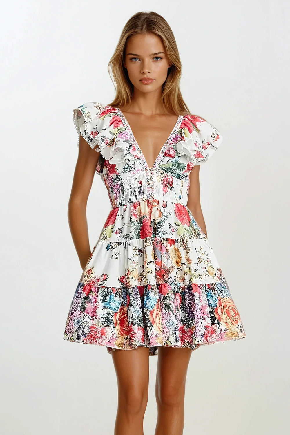 Mini Dress with Ruffled Sleeves and Front Bow Detail - White