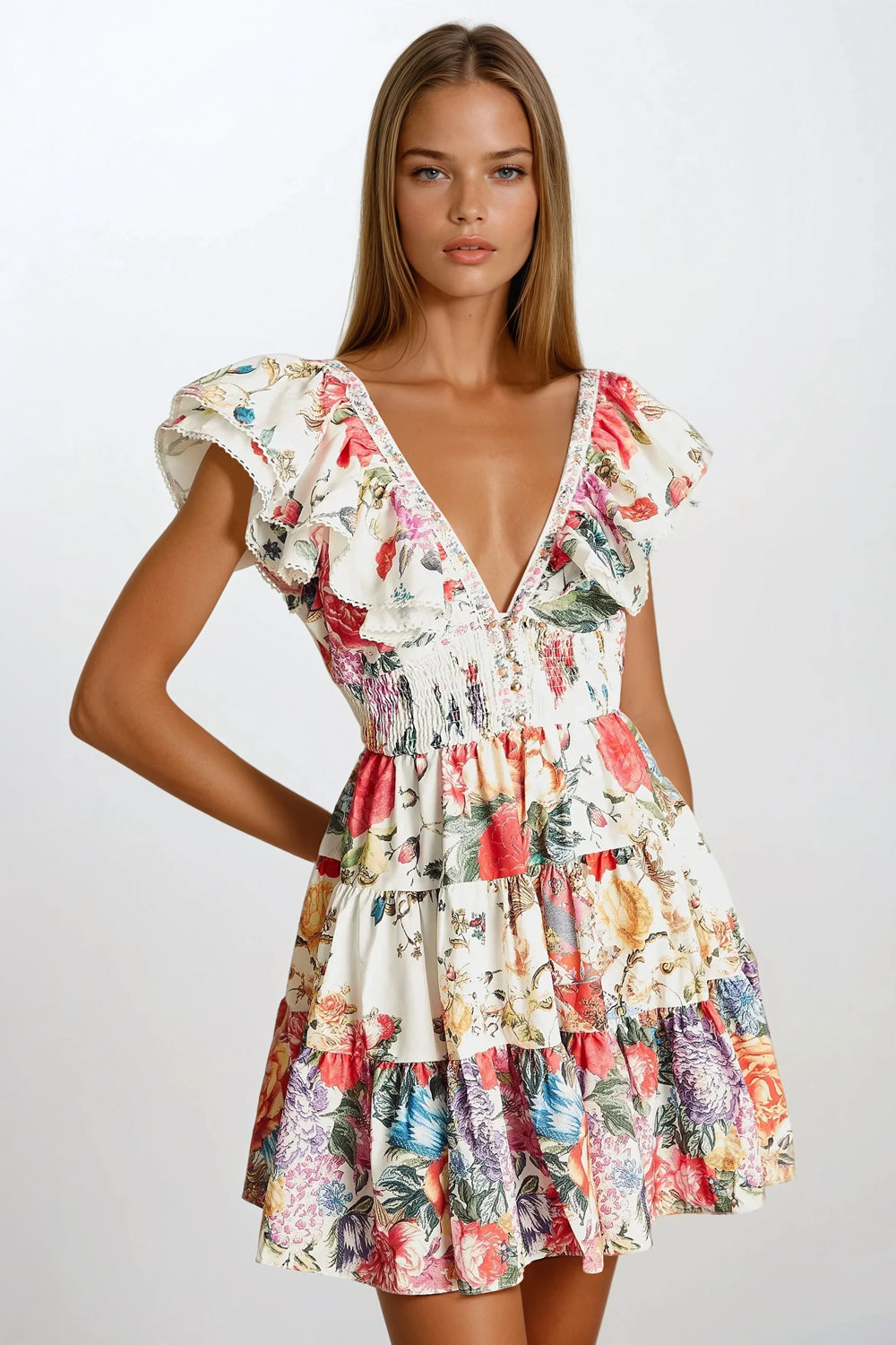 Mini Dress with Ruffled Sleeves and Front Bow Detail - White