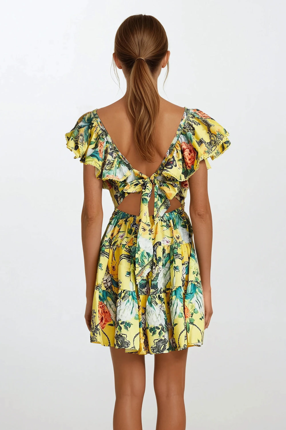 Mini Dress with Ruffled Sleeves and Front Bow Detail - Yellow