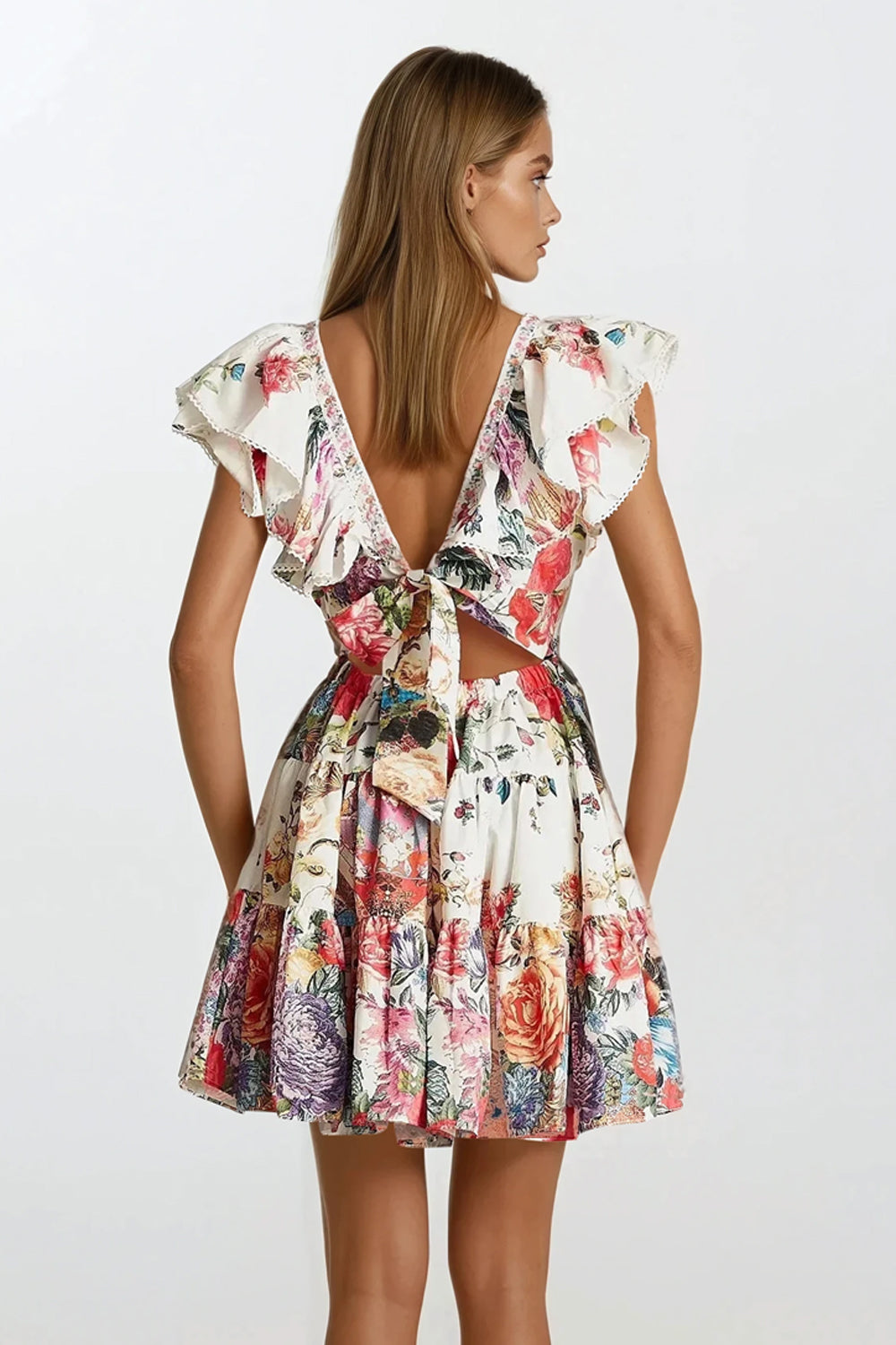 V-Neck Ruffled Sleeve Mini Dress - Pink