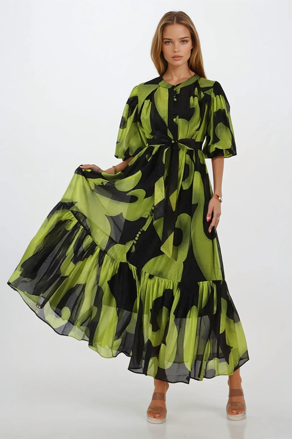 Maxi Dress with Puff Sleeves and Abstract Print - Yellow