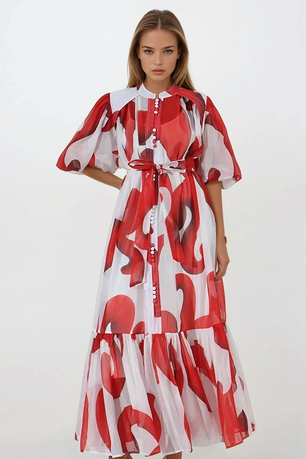 Maxi Dress with Puff Sleeves and Abstract Print - White