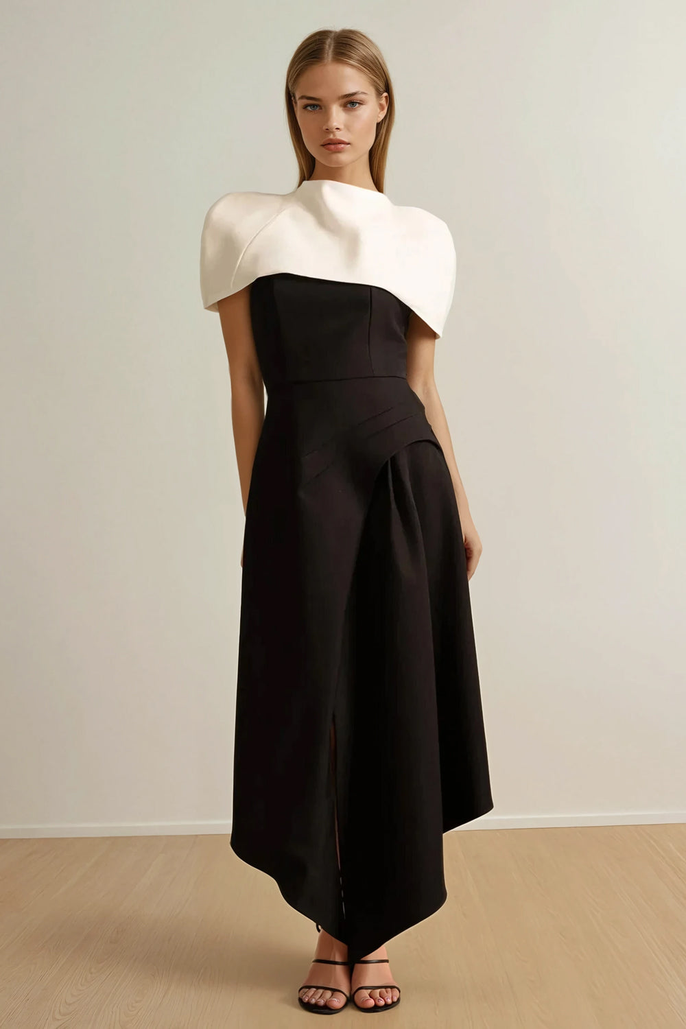 Maxi Dress with Asymmetrical Skirt and Contrast Shoulder Cape - Black