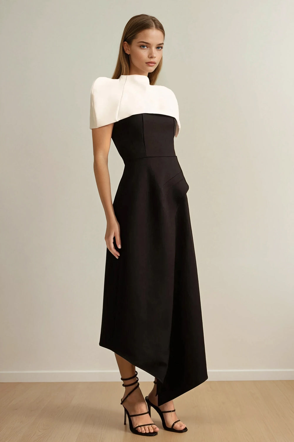 Maxi Dress with Asymmetrical Skirt and Contrast Shoulder Cape - Black