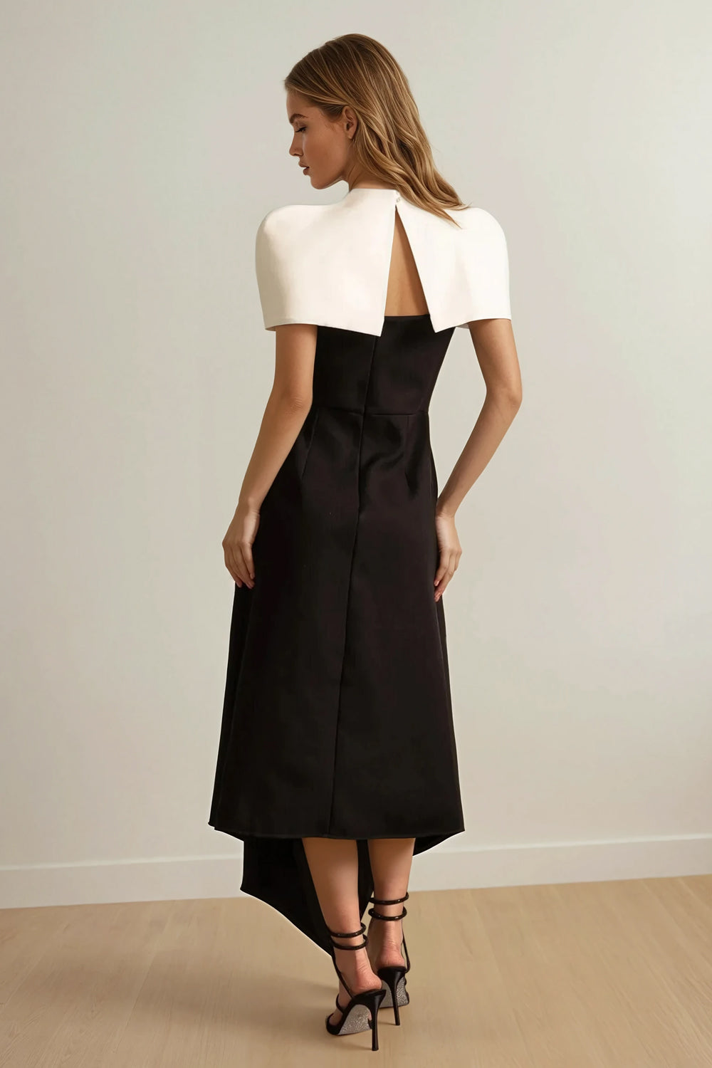 Maxi Dress with Asymmetrical Skirt and Contrast Shoulder Cape - Black