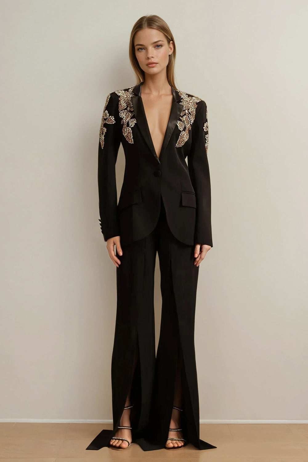 Two-Piece Set with Embellished Blazer and Slit Wide-Leg Pants - Black